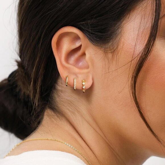 3 Pairs Gold Hoop Earrings Set: Dainty Stud Earrings Trendy Small 14K Gold Plate - Picture 3 of 9